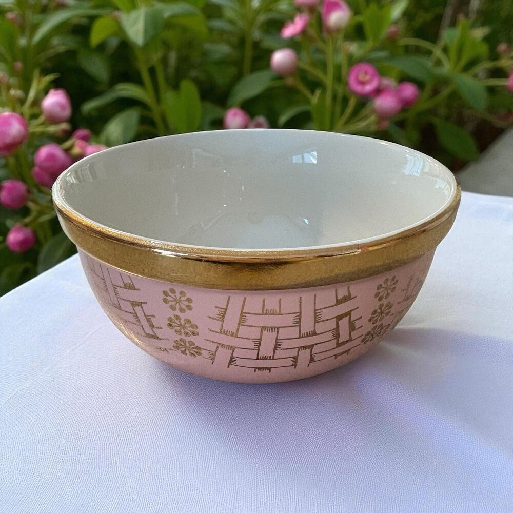 Vintage Hall's Superior MCM Pink & Gold Basket Weave Bowl #1376